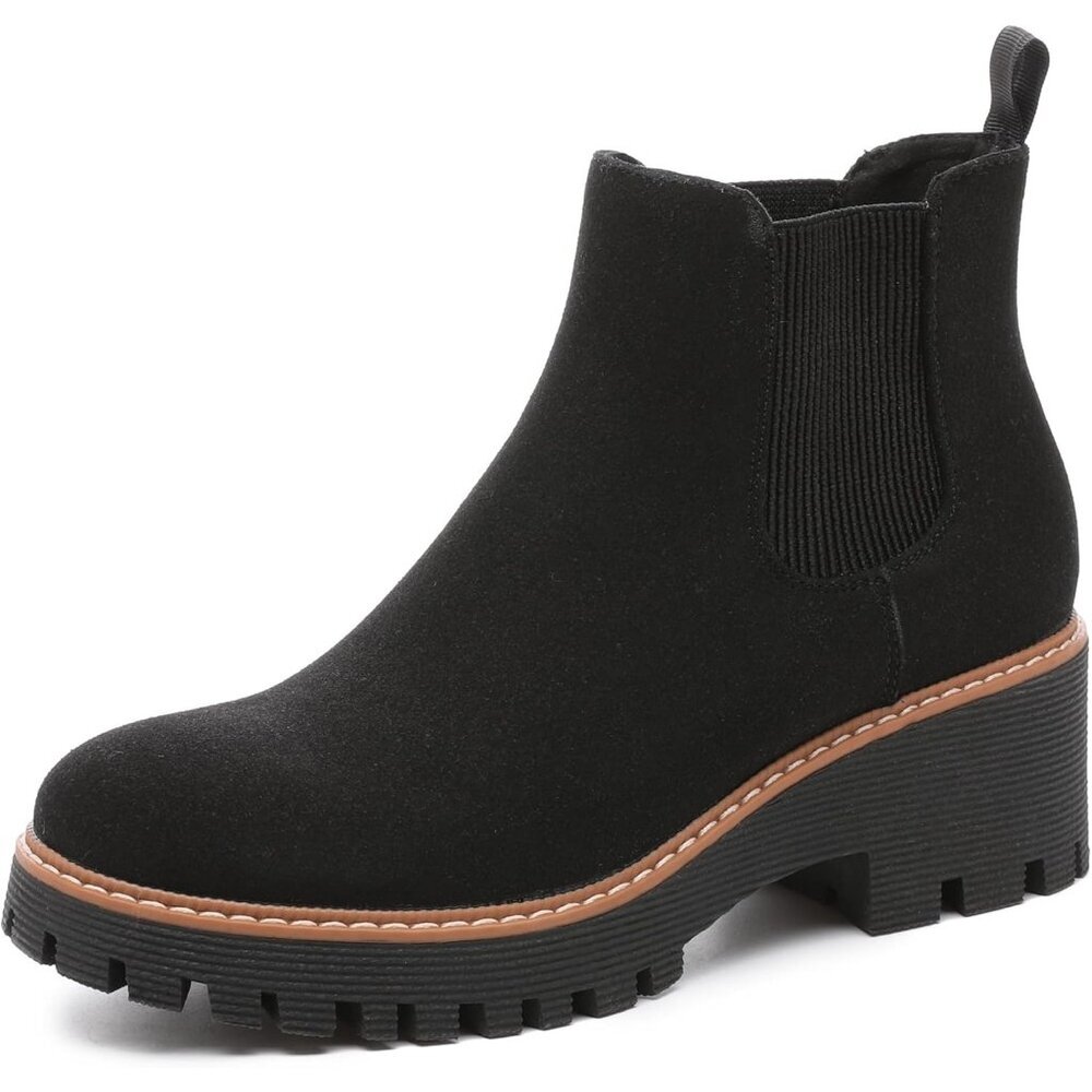 Womens Black Suede Leather Low Wedge Heel Slip On Chunky Platform Ankle Boots